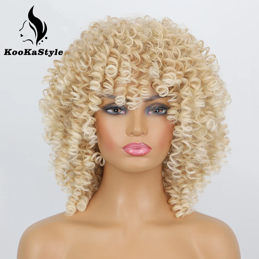 

Short Hair Afro Kinky Curly Wigs With Bangs For Black Women Synthetic Omber Glueless Cosplay Wigs High Temperature Africa Americ