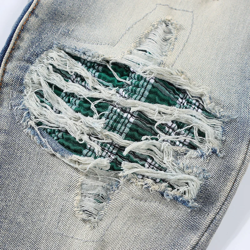 High Street Fashion Men Jeans Retro Blue Stretch Skinny Ripped Jeans Men Green Stripe Patched Designer Hip Hop Brand Pants Homme