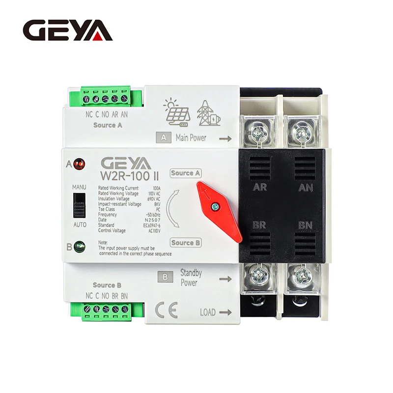 

GEYA W2R Grid PV System Power Transfer to City Power Dual Power Автоматический резервный переключатель Din-рейка 4P 63A 100A AC220V ATS 110V