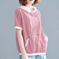 woman hooded cotton fashion new summer t shirts female black red striped short sleeve tee shirt feminine loose m 4xl tops e19