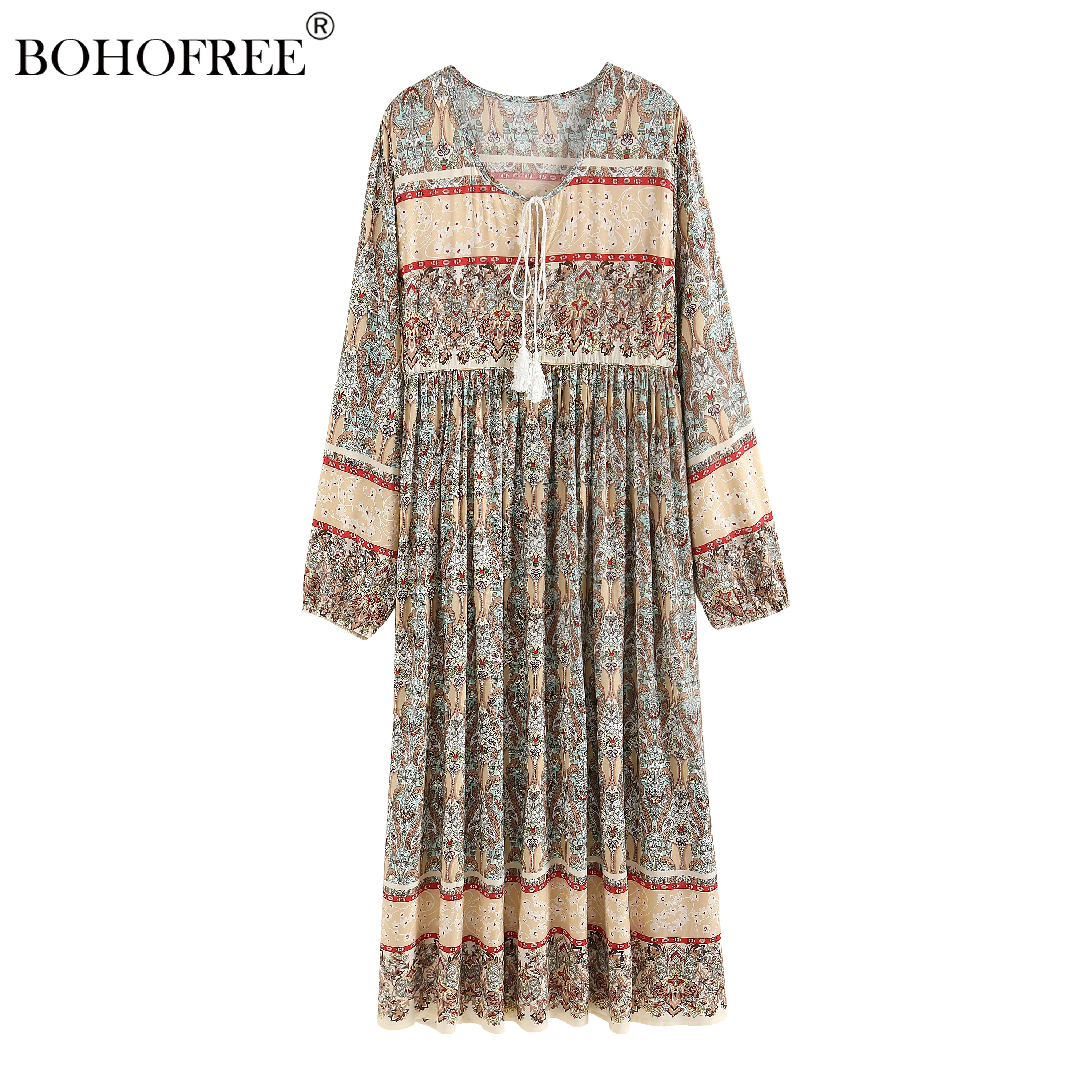 

Длинная туника в стиле бохо, платья макси с V-образным вырезом и длинным рукавом, кисточками, из искусственного хлопка, с тотемным принтом, пл...