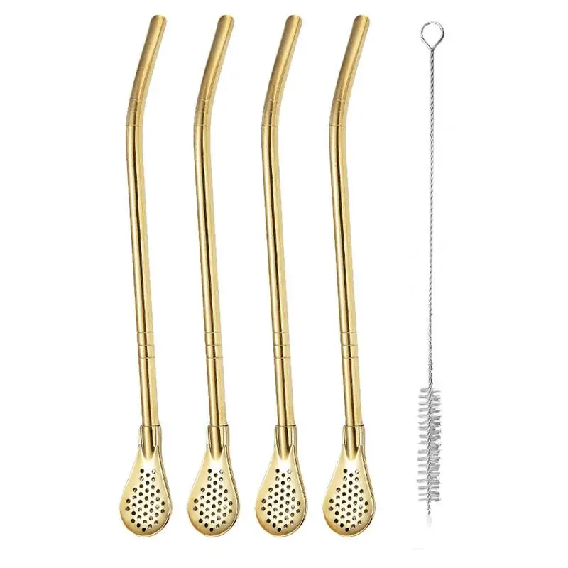 

Drinking Straws With Filter Spoon 4Pcs Reusable Yerba Mate Tea Bombilla Drinking Straws Metal Straw Stainless Steel Beverage