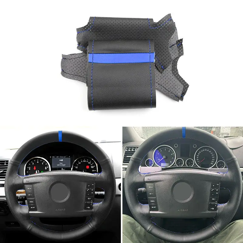 Фото Чехол на руль из перфорированной кожи с синей строчкой для VW Touareg Phaeton 2002-2010 (4-спицевый) №4