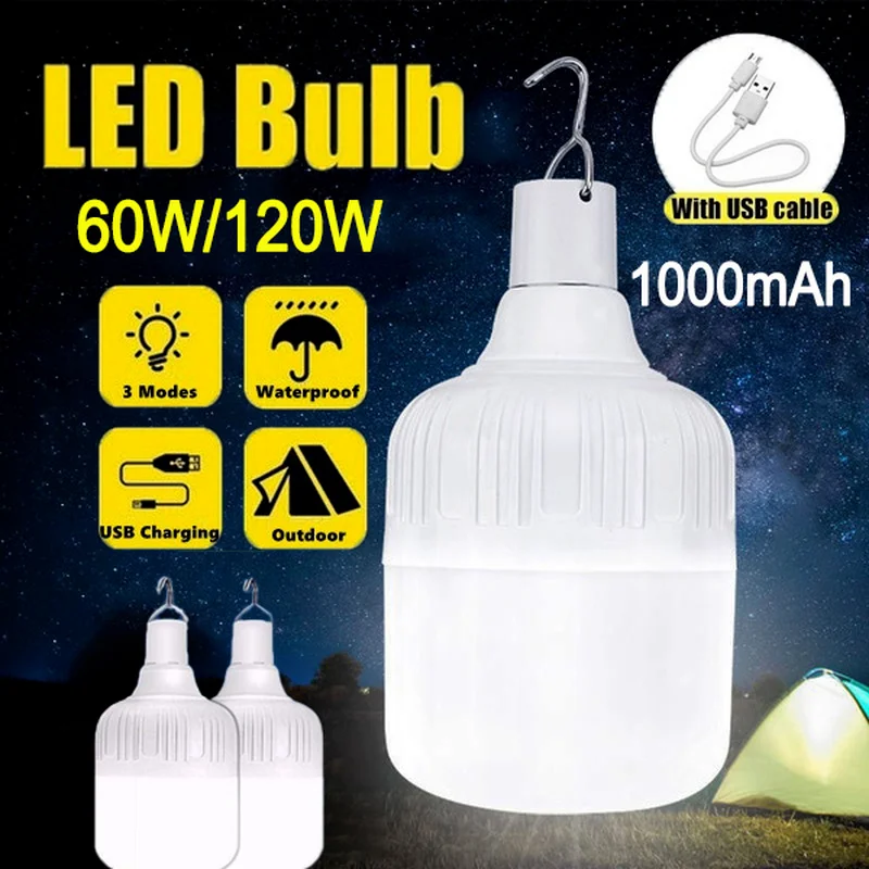 120W/60W Outdoor LED Bulb Light 3 Modes Movable Bulb USB Rechargeable Emergency Lights Night Fishing Camping Tent Lights