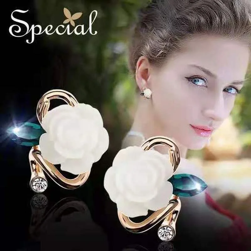 

Elegant Shiny Party Crystal Rose Earrings for Women Dual-use Clip-on Flower Tassel Earrings Bridal Wedding Engagement Earring