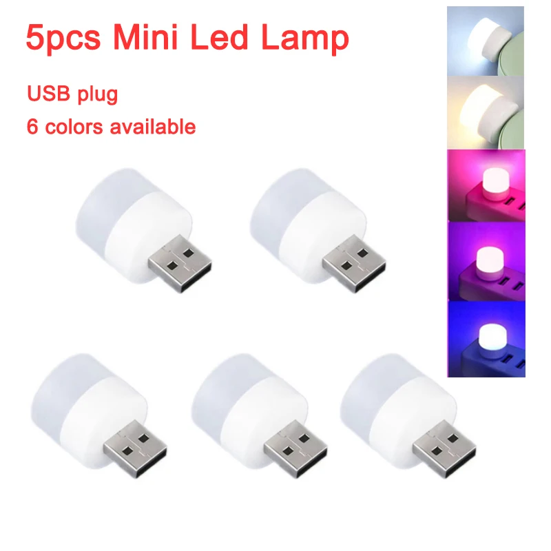 5pc Mini USB Plug Lamp 5V Super Bright Eye Protection Book Light Computer Mobile Power Charging USB Small Round LED Night Light