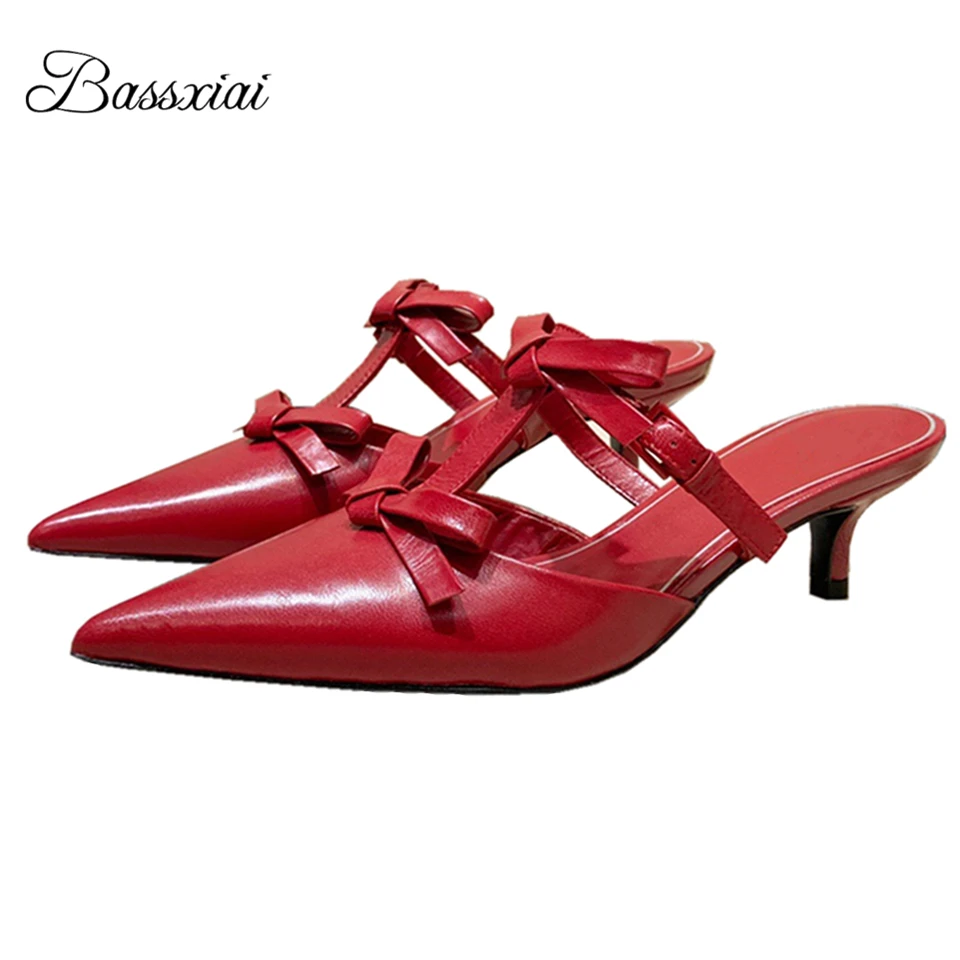 

Genuine Leather Butterfly-Knot Sandals Women Sexy Kitten Heel Pointed Toe Fretwork Slingbacks Runway Mules Summer