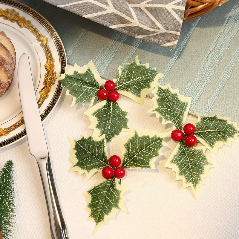 

10Pcs Christmas Red Cherry Little Fruits Stamen Artificial Leaves Leaf Fake Holly Berries Christmas Wedding Home Decoration