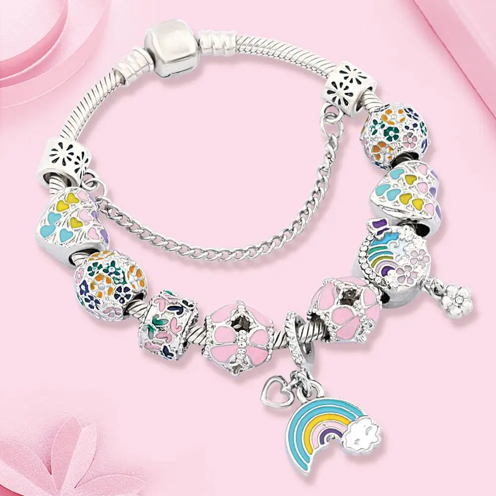 

Colorful Bloom Flowers Charm Bracelet Trendy DIY Rainbow Moon Heart Waist Beads Bracelet for Women Murano Beads Charm Girls Gift