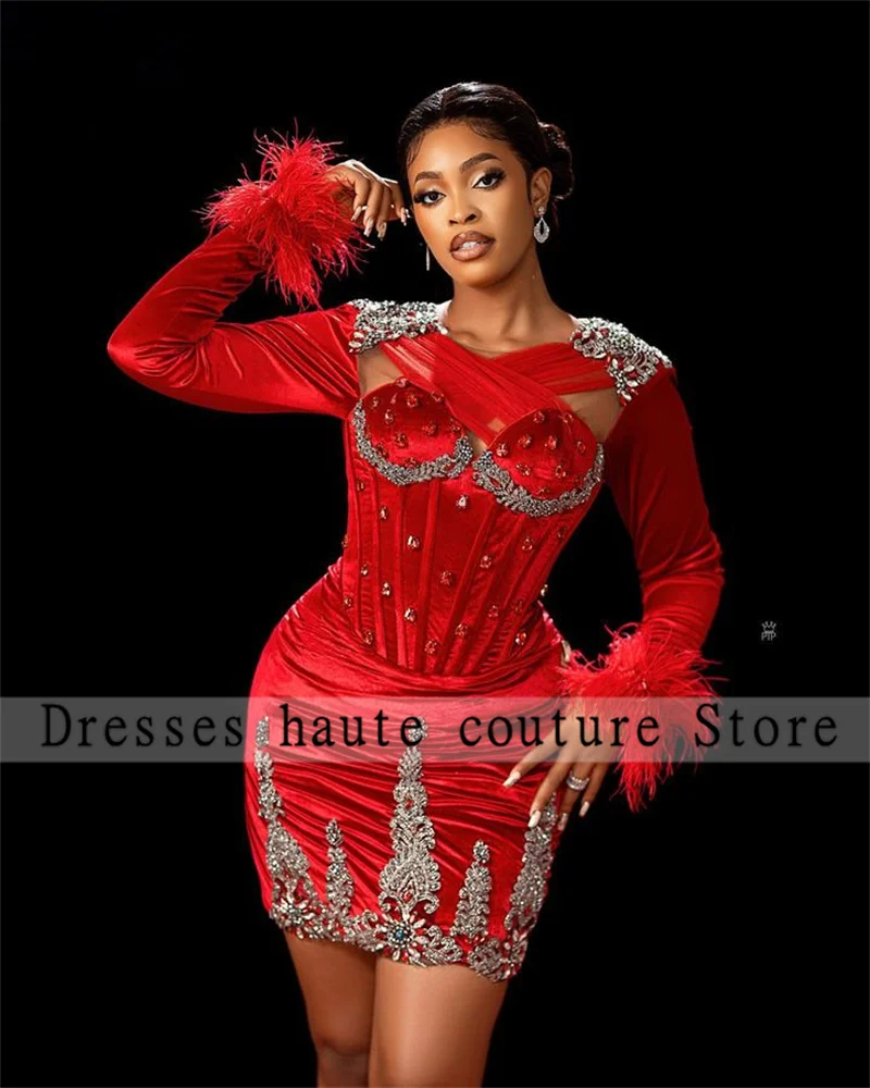 

Aso Ebi Red Long Sleeve Short Mermaid Prom Dress 2023 For Black Girls Crystal Feather Mini Cocktail Dress Appliques Party Gowns