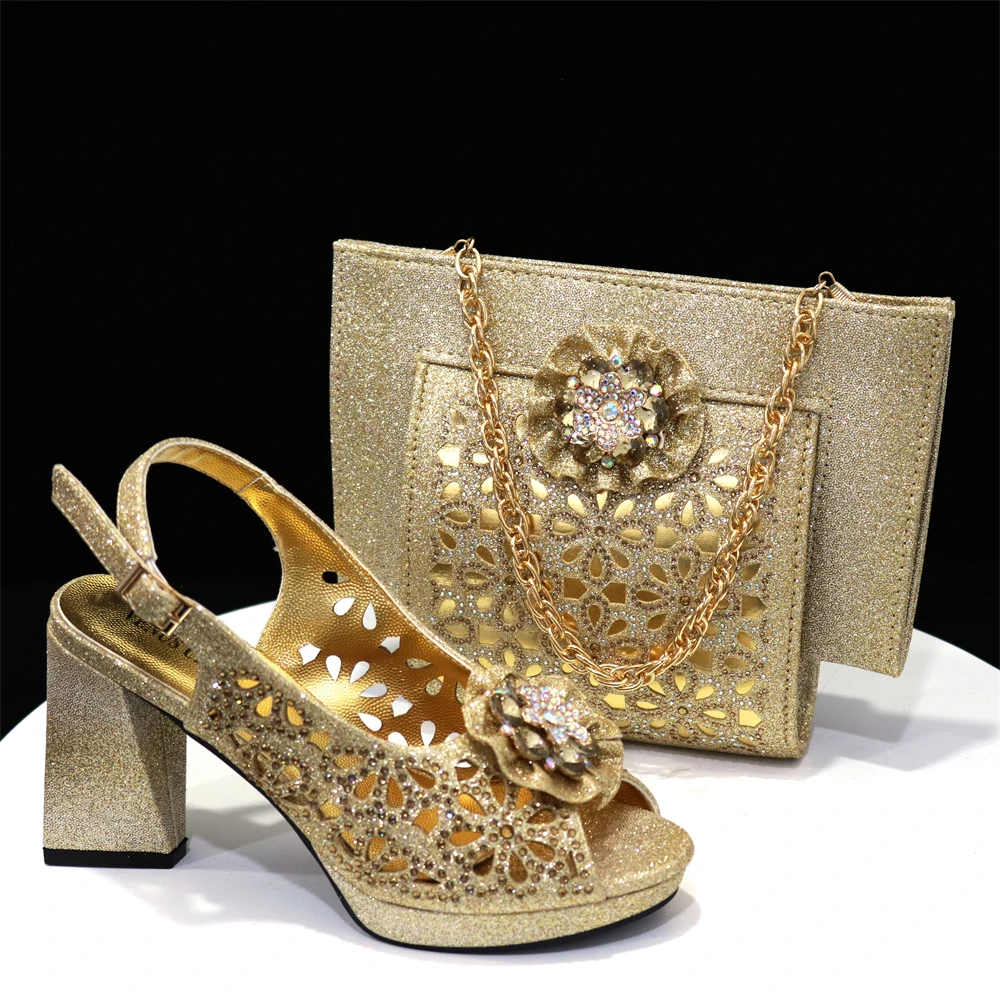 

Босоножки на платформе для женщин, модный дизайн в африканском стиле, комплект из туфель и сумочки золотого цвета, свадебные сандалии