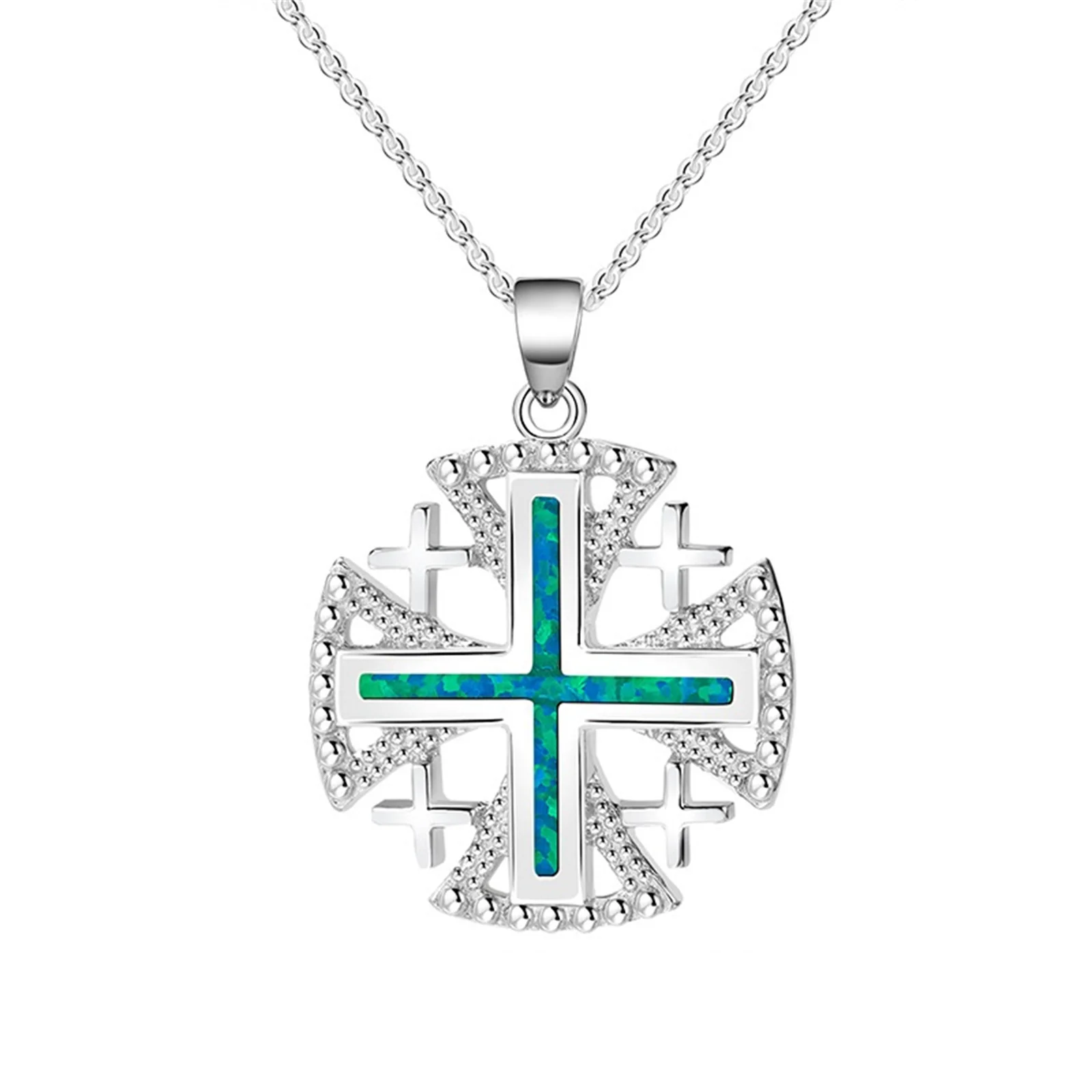 

Jerusalem Cross with Green Opal Sterling Silver 925 Pendant Necklace for Women Vintage Crusader Style Georgia Symbol Jewelry