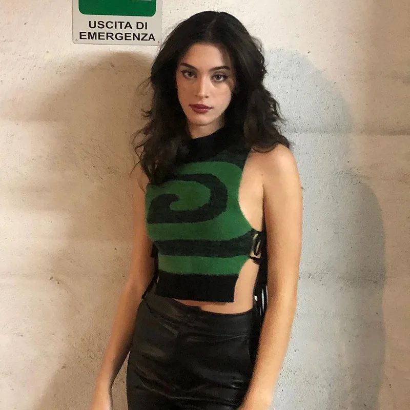 

Vortex Side Hollowed Out Wool Vest for Women To Wear 2022 Foreign Trade New Women's Round Neck Bandage Top Tops for Women