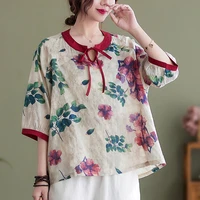 women cotton linen casual shirts new arrival 2022 summer vintage style floral topsprint loose female 34 sleeve female blouse