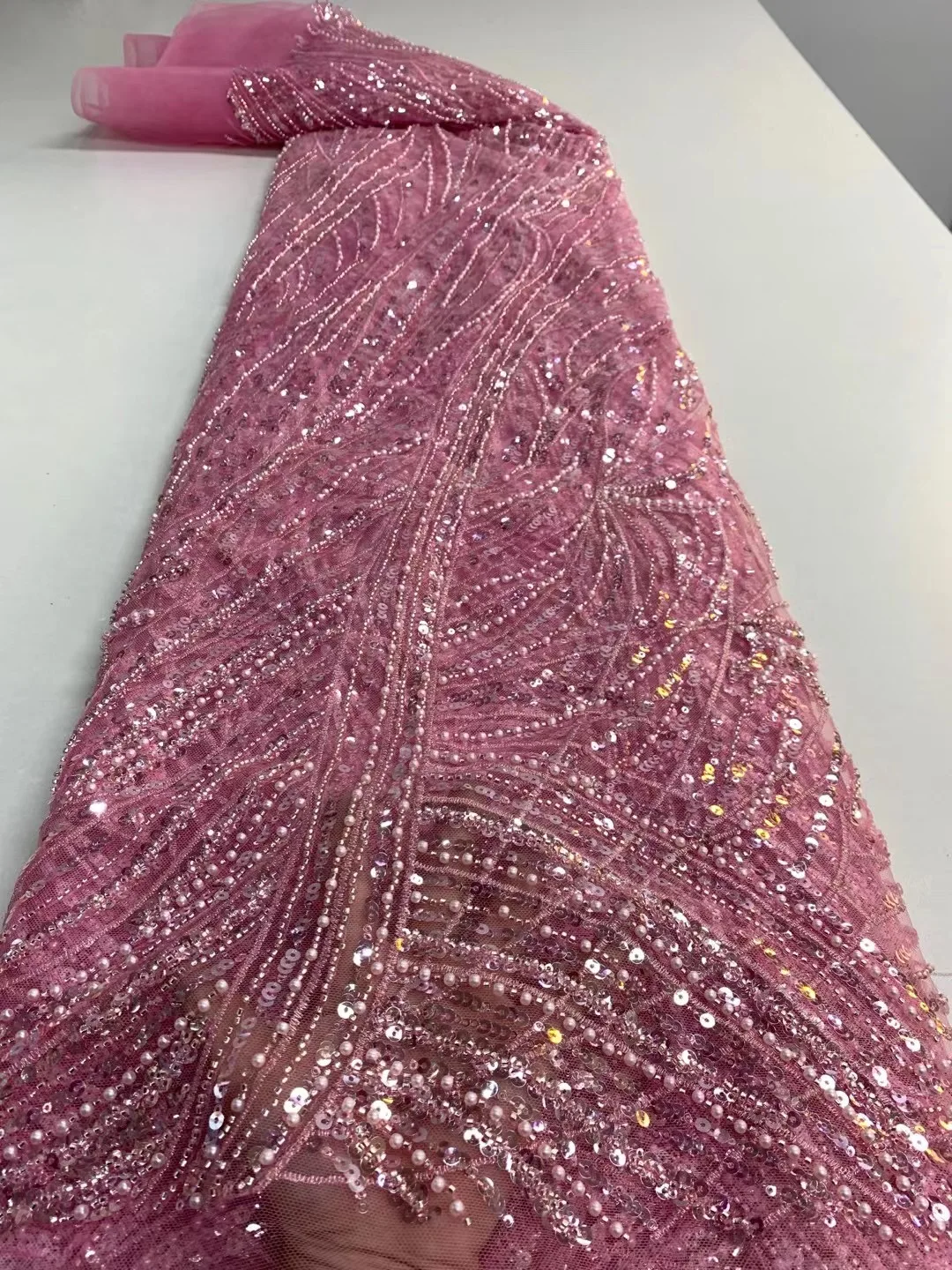 

2022 African Elegant Pink Luxury Sequins Lace Fabric High Quality French Tulle 5 Yard Fabric Nigeria For Wedding Party Dress Sew