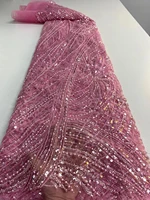 2022 african elegant pink luxury sequins lace fabric high quality french tulle 5 yard fabric nigeria for wedding party dress sew