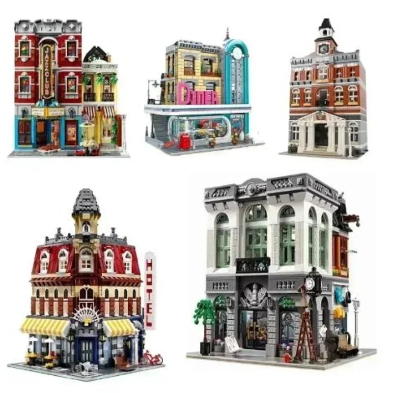 Expert Brick Bank Cafe Corner Model Moc Modular Houses Building Blocks Toys Pet Book Shop Town Hall Downtown Diner