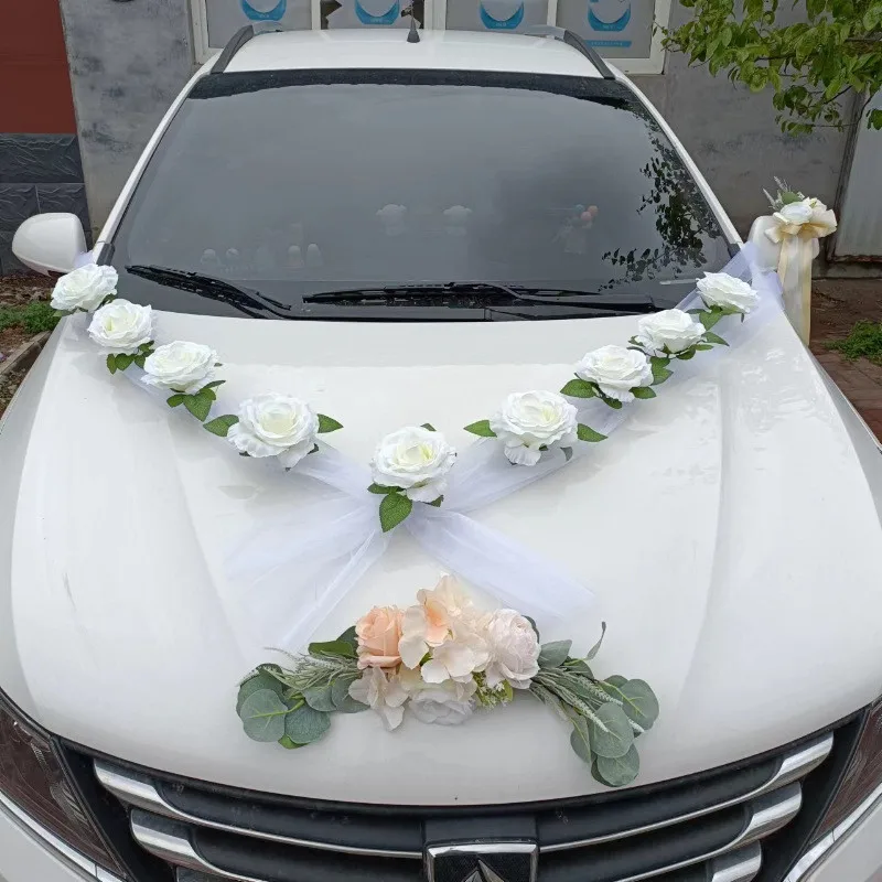 

DIY Artificial Flower White Wedding Car Bridal Car Decoration Door Handle Ribbons Silk Corner Flower Galand With Tulle Gifts Set