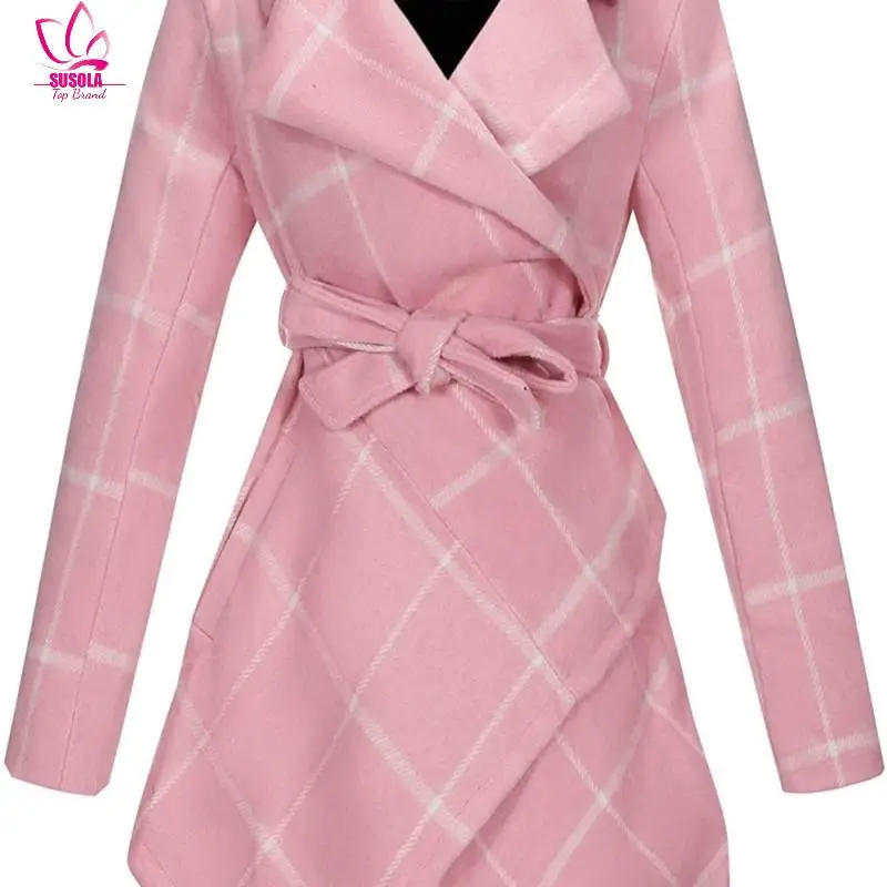 

Women's Turn Down Collar Grid Coat Belted Wool Blend Coat Asymmetric Hem Wrap Coat