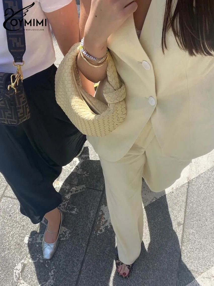 Oymimi повседневные бежевые хлопковые комплекты для женщин 2 штуки V-образный вырез