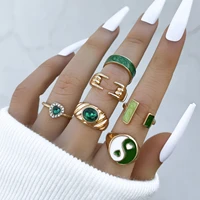aprilwell vintage tai chi rings set for women y2k gold plated gesture green crystal kpop heart anillos jewelry gifts wholesale