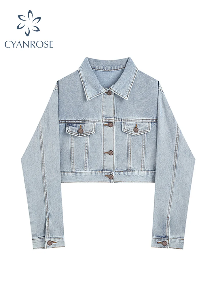

Женская джинсовая куртка с длинным рукавом, повседневная короткая однобортная куртка из денима, верхняя одежда в Корейском стиле, 2022