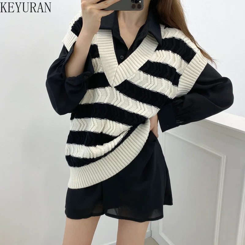 

Striped Vest Sweater Women Korean Ins Casual Contrast Color V-neck Knitted Pullovers Autumn Oversize Loose Sleeveless Waistcoat