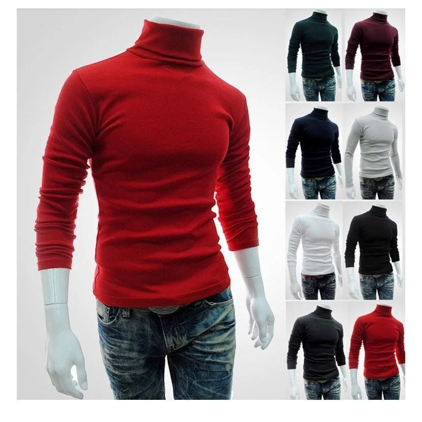 New Men's Pure Color T-shirt Men's High Collar Long Sleeve Spring and Autumn Bottoming Shirt Men's Sweater Pullover