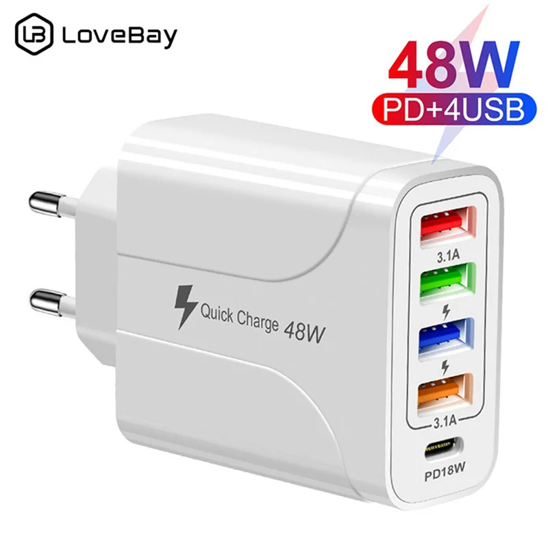 

5 Ports 48W Charger QC3.0 PD 18W Quick Charger 4USB 3.1A Fast Charging Power Adapter USB Charger For iPhone 11 12 Samsung Huawei