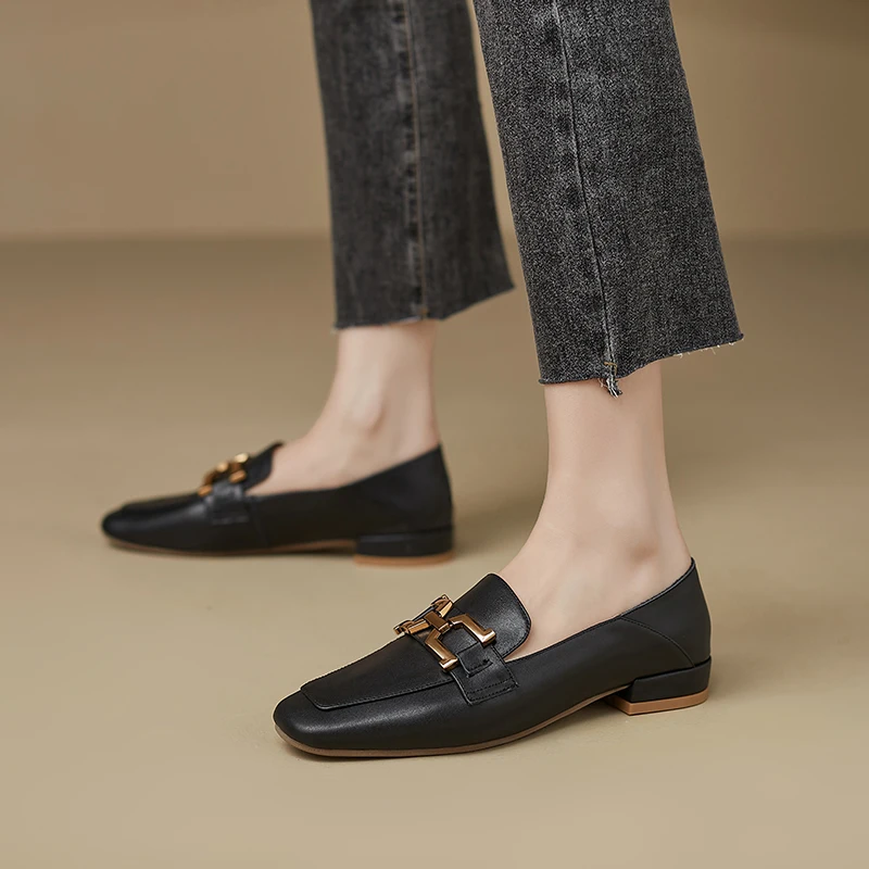 

Jiovodo Genuine Cow Leather Slip on Loafers Mary Jane Metal Buckles Flats Shoes Ladies Spring Fall Students Preppy Style Girls