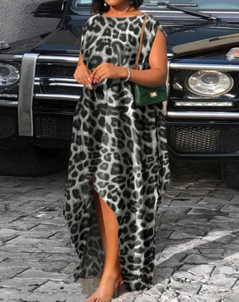 

Summer Dresses for Women 2022 Vintage Leopard Print Dip Hem Sleeveless Casual Round Neck Maxi Daily Dress