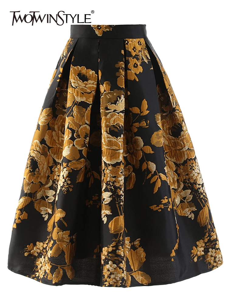 

TWOTWINSTYLE Jacquard Print Floral Skirt For Women High Waist A Line Colorblock Vintage Midi Skirts Female Summer Clothing 2022