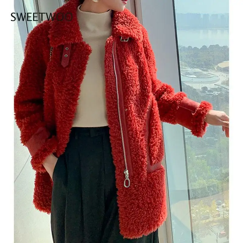 Women 2022 Winter faux Wool Sheep Shearling Outwears Female Genuine Lamb Fur Overcoats Ladies Solid Color Loose Coats Tide Slim