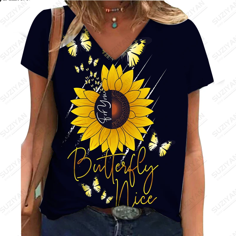 

2023 Women's Summer New Short Sleeve Flower Sunflower 3D Digital Printing T-shirt Hot Sale Women's V-neck Casual Commuter Top