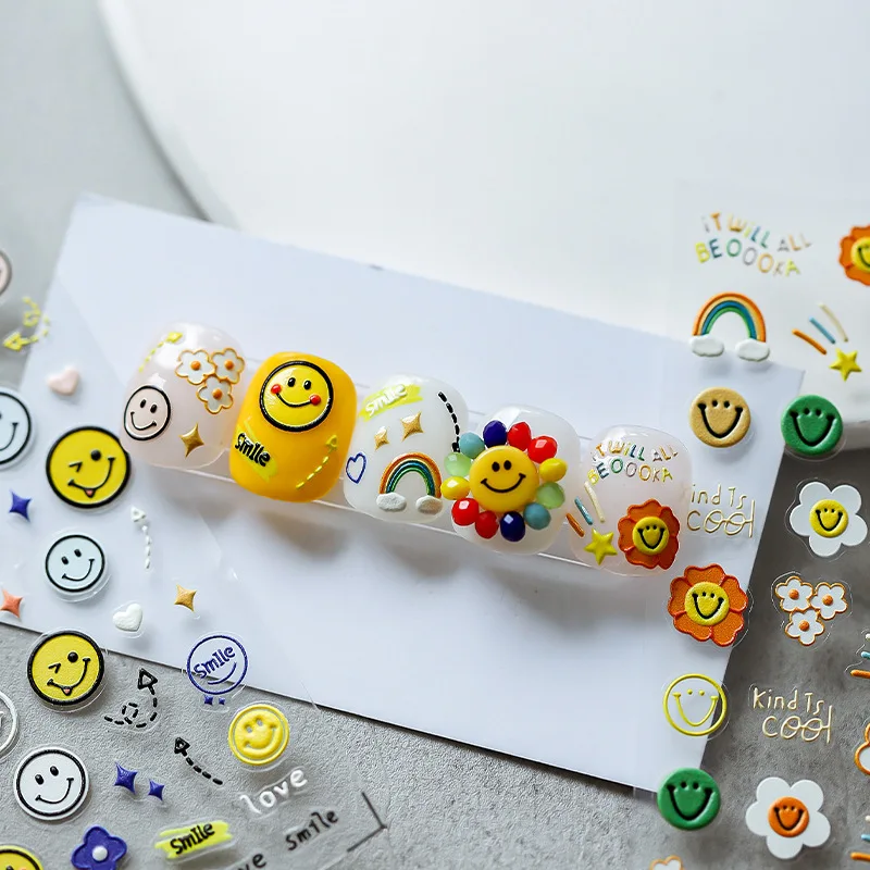 

Cartoon Nail Stickers Color Smiley Design Cute Three-dimensional Embossed Nail Stickers Thin Transparent Back Glue Nail Decals