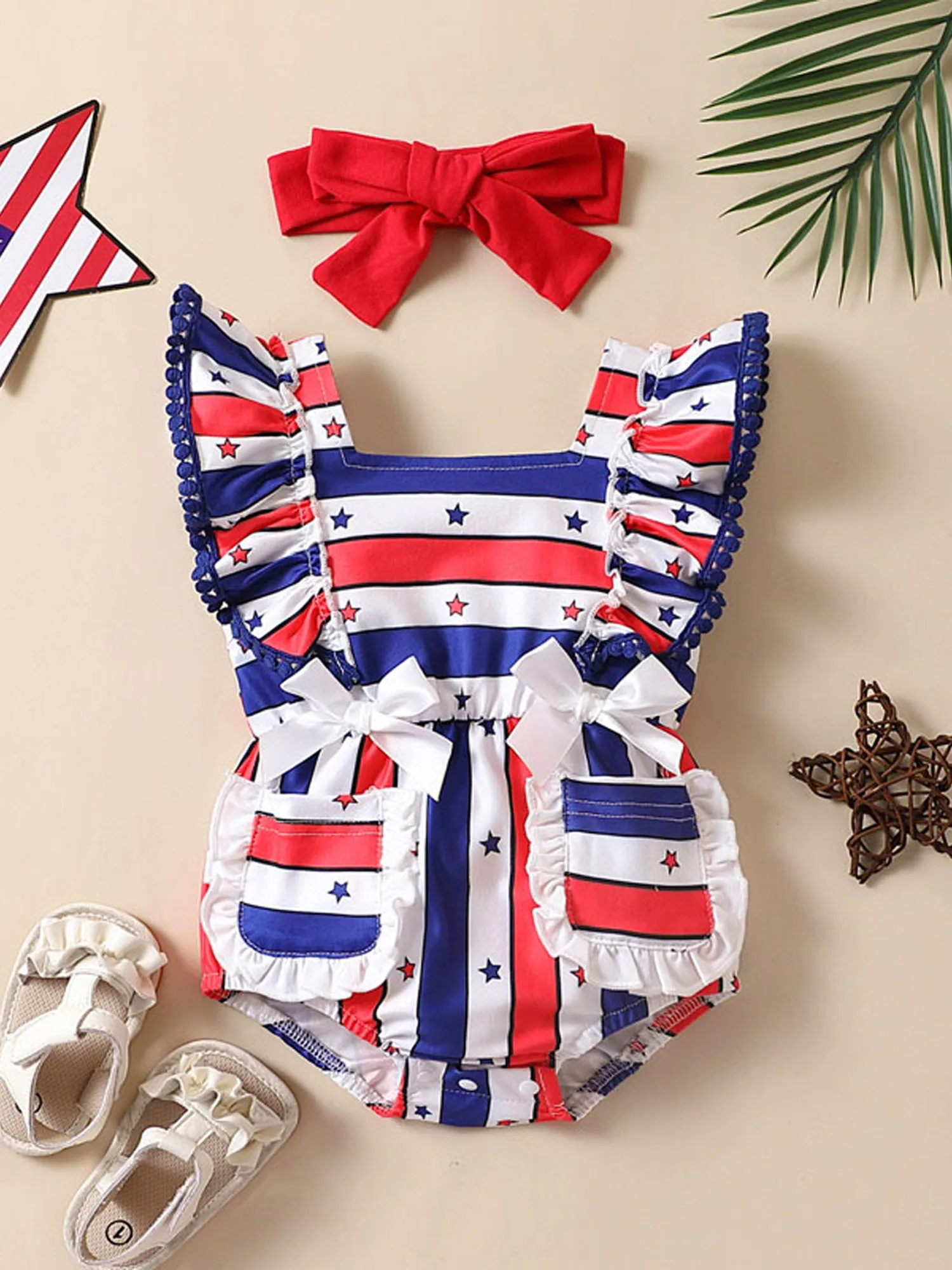 

Red White and Cute Adorable Baby Girl 4th of July Romper Dress with Stars and Stripes Print and Ruffle Details