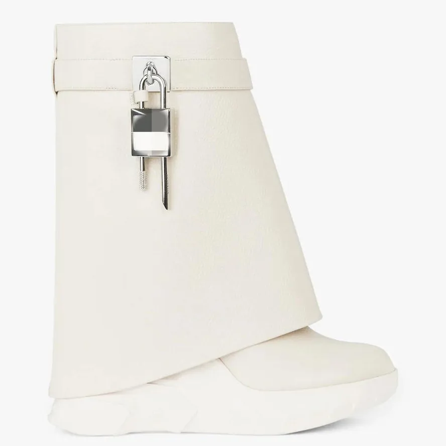 GCYFWJ Shark Lock Women Mid-Calf Boots Woman Genuine Leather Wedge Platform Round Toe Botas Mujer 2022 Metal Decoration Boots