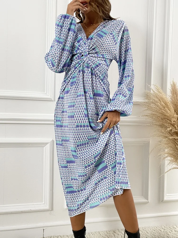 

Toppies Pleated Print Dress Chic Elegant Cross Long Sleeve A Line Dress Women Clothes