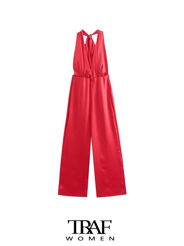 

TRAF Women Fashion With Tied Satin Halterneck Jumpsuits Vintage Sleeveless Backless Zipper Female Playsuits Mujer