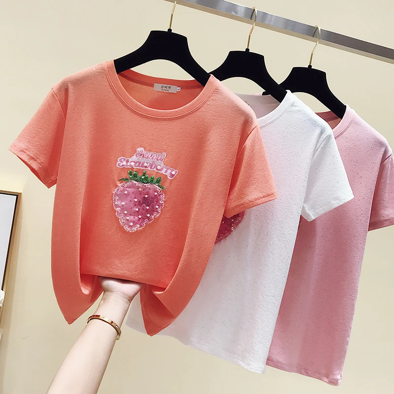 

Женская футболка с коротким рукавом, розовая свободная футболка с блестками и бусинами клубники, лето 2022