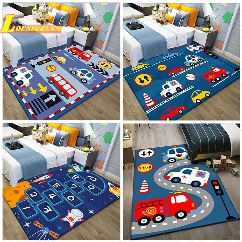 

Детский игровой коврик с мультипликационным автомобилем, модельный городской Дорожный Коврик, прикроватный Прямоугольный Коврик для спал...