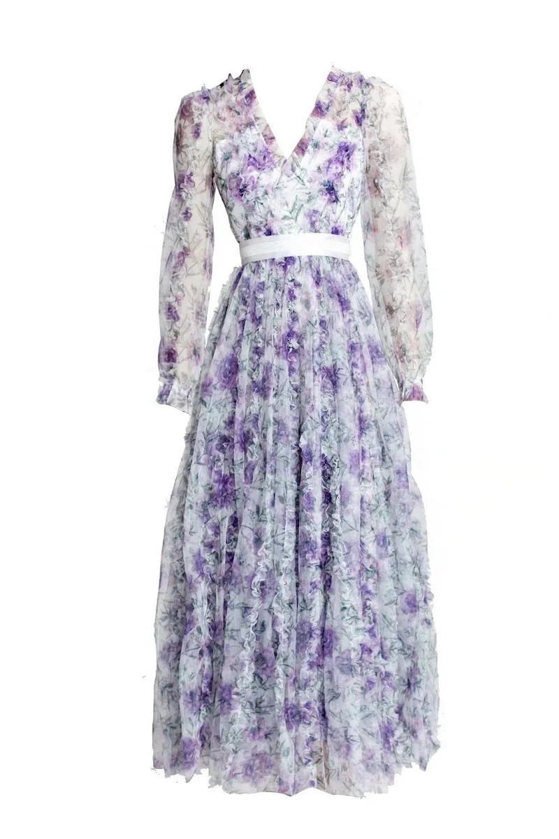 

Sexy V-Neck Long Dress 2022 Spring Summer Party Vestidos Special Occasion Women Purple Floral Print Long Sleeve Tulle Mesh Dress
