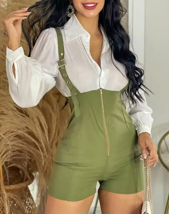 Fashion Zipper Design Buttoned Romper Colorblock Above Knee Long Sleeve Fashion Elegant 2023 Summer Sweet Fresh Palysuits