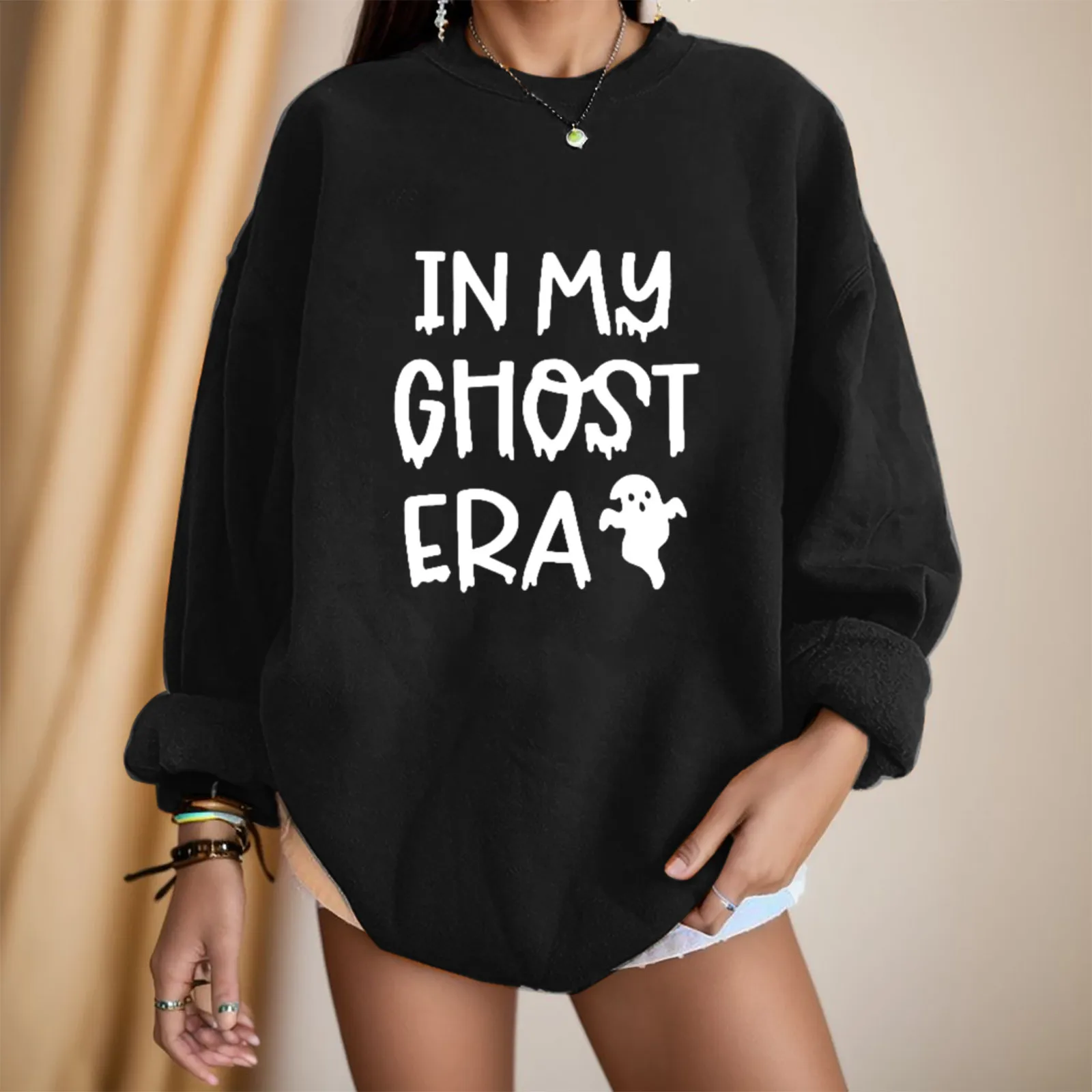 

Solid Color Ghost Letter Print Pullover For Women Simple Fleece Loose Sweatshirt O Neck Long Sleeve Hoodie Comfy Sweatshirts