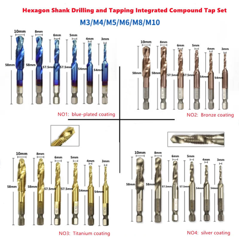 

1/6pcs HSS machine screw tap drilling and tapping integrated M3-M10 composite tap hexagonal handle fried dough twist bit tool