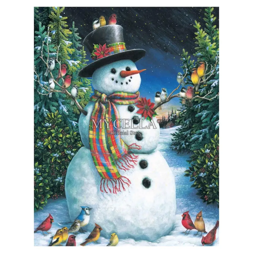 

5d Diy Diamond Painting Cross Stitch Snowman and Birds Diamond Embroidery Christmas Winter Full Diamond Mosaic Needlework Gifts