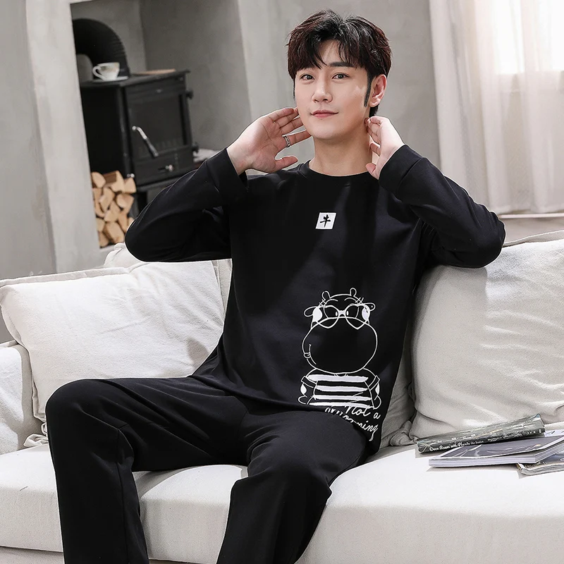 QUHENG Cotton Autumn And Winter Men's Round Neck Long-sleeved Suit Youth Cartoon Calf Alphabet Simple 2-pieces Cartoon Sleepwear