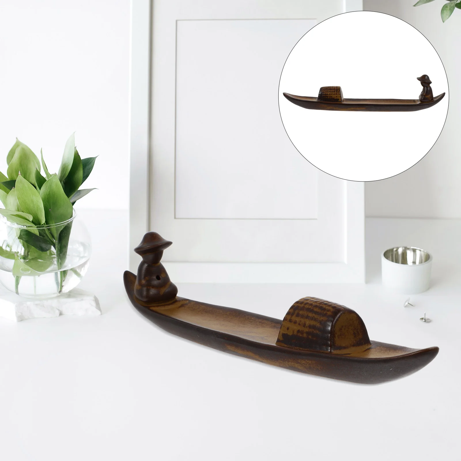 

1Pc Creative Boat Greybeard Incense Stick Holder Ceramic Home Decor (Light Brown)