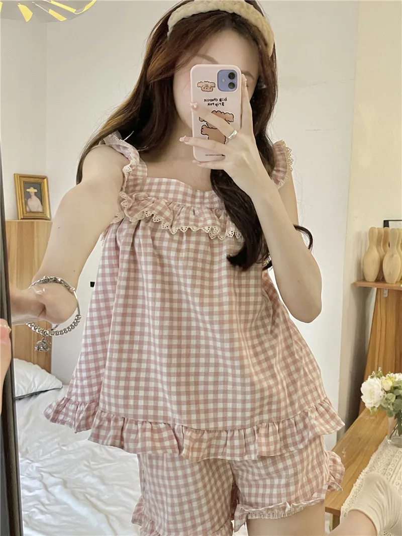

Sweet Pink Plaid Summer Pajamas Set Women Sleeveless Kawaii Camis Tops + Shorts Suit Sleepwear Cotton Girls Ruffles Home Suit