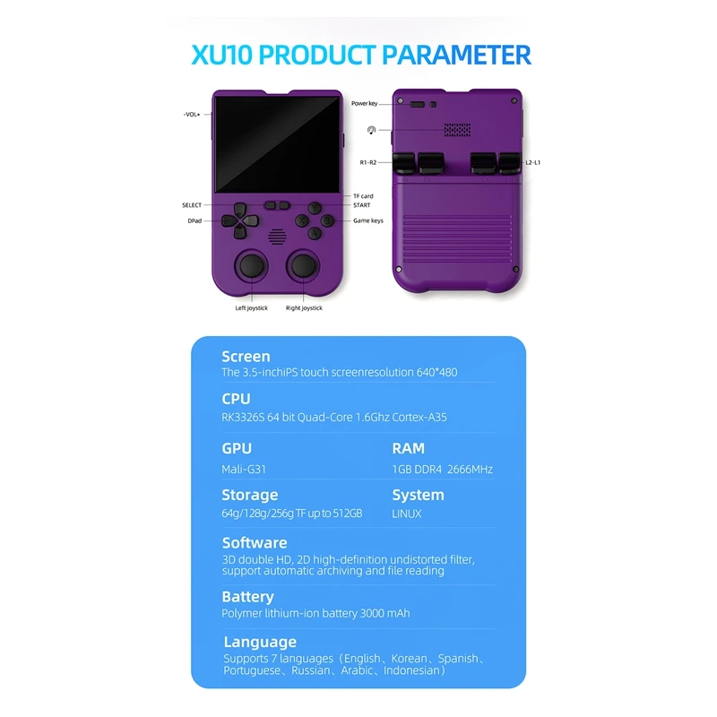 Игровая консоль XU10 3 5 дюйма IPS экран 128 ГГц аркадный ретро двойной джойстик